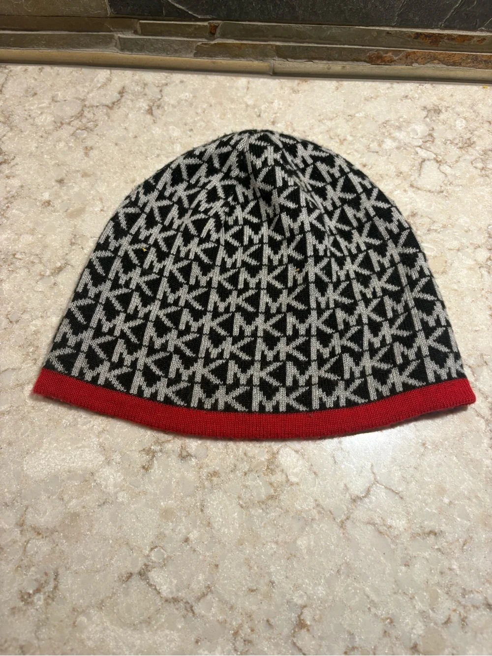 Michael Kors Black & White Logo Knit Hat, Scarf & Gloves Set with Red Trim